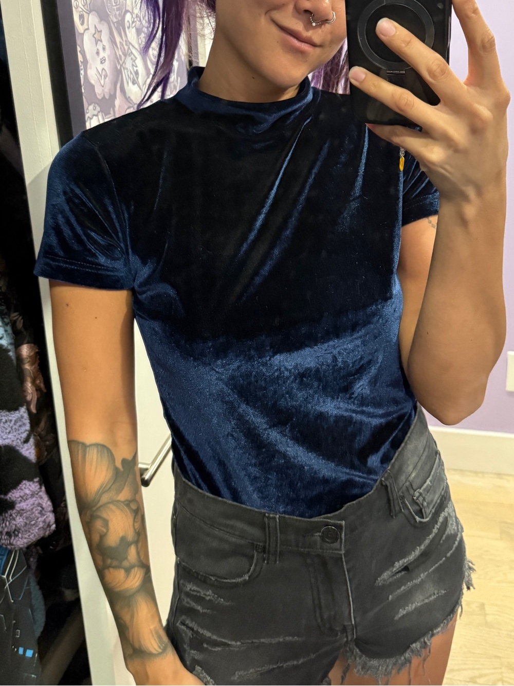 Vintage Velvet Mock Neck Short Sleeve Top - Navy Blue